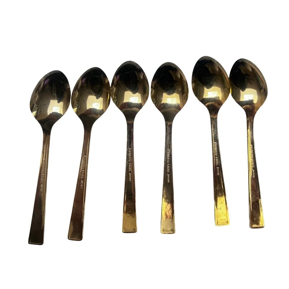 Vintage Gold Tone Stainless Steel Rose Floral Demitasse Set of 6 Japan 4.25